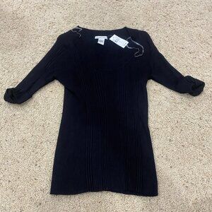 Reference Point Ribbed Sweater Women Medium Black 3/4 Sleeve Stretch Knit Top NW